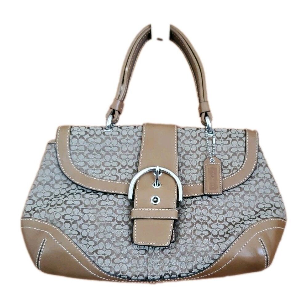 Coach Soho Signature C Buckle Flap Shoulder Bag Camel Tan Leather Trim 6349